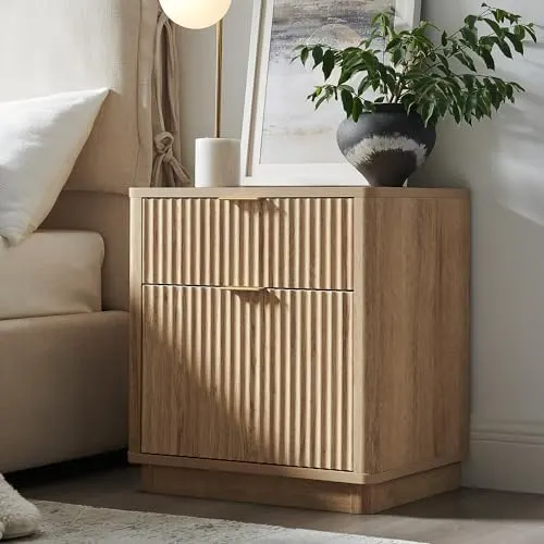 Fluted Nightstand with Charging Station, 23" in Natural Oak