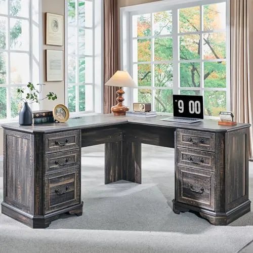 Farmhouse L-Shaped Executive Desk, 59" in Dark Rustic Oak