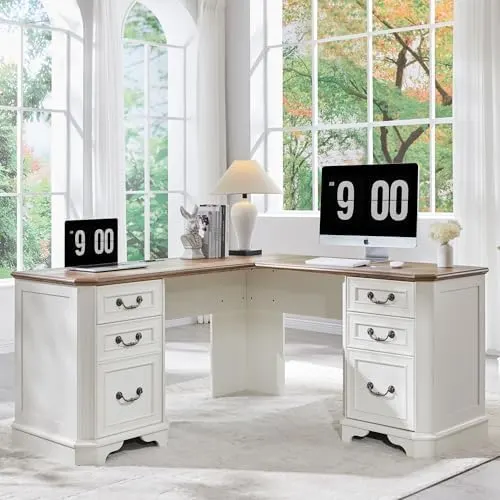 Farmhouse L-Shaped Executive Desk, 59" in Antique White