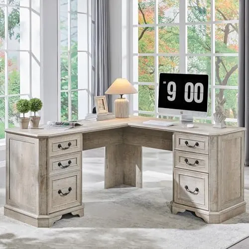 Farmhouse L-Shaped Executive Desk, 59" in Light Rustic Oak