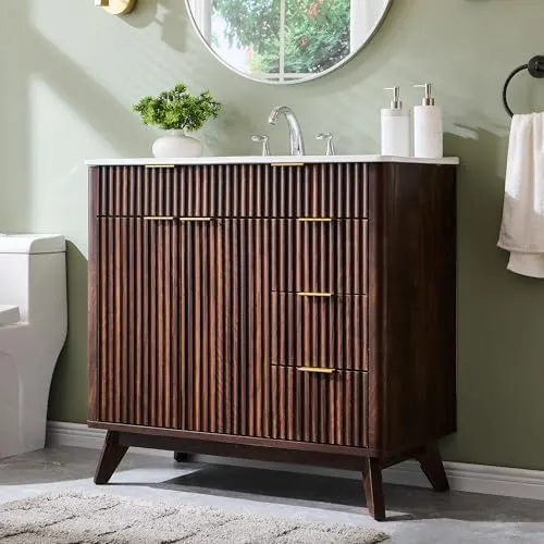 Fluted Bathroom Vanity with Ceramic Sink in Dark Walnut