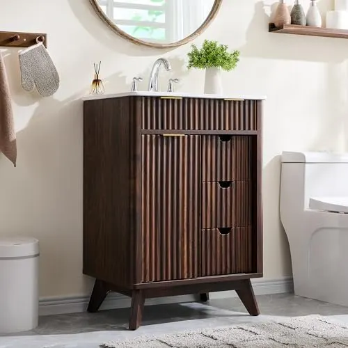 Fluted Bathroom Vanity with Ceramic Sink in Dark Walnut