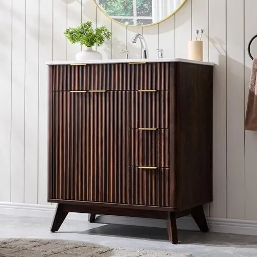 Fluted Bathroom Vanity with Ceramic Sink in Dark Walnut