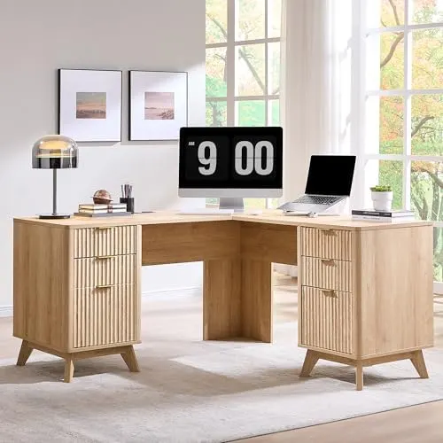 Modern Fluted L-Shaped Executive Desk, 60" in Natural Oak