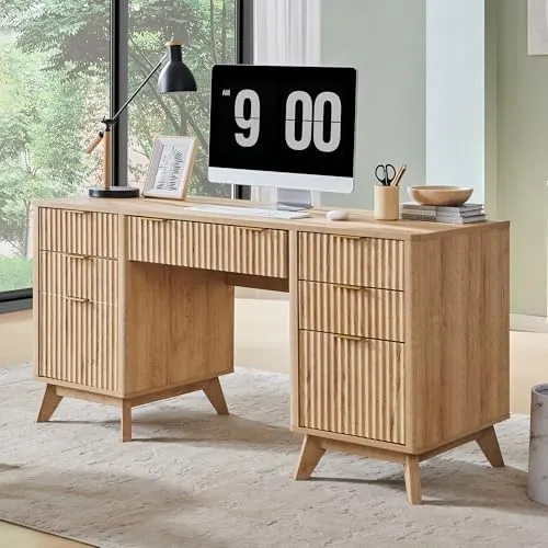 Modern Fluted Executive Desk with Keyboard Tray, 60" in Natural Oak