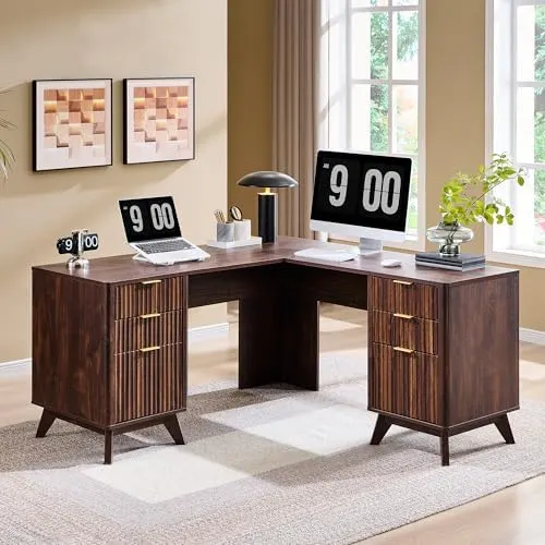 Modern Fluted L-Shaped Executive Desk, 60" in Dark Walnut