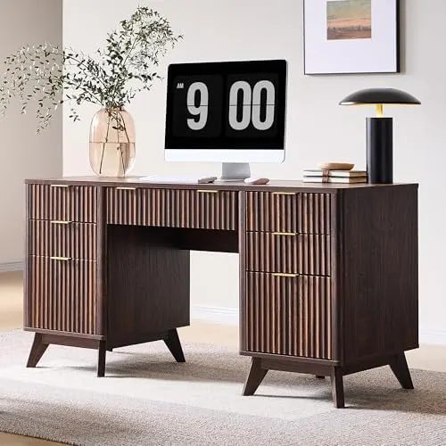 Modern Fluted Executive Desk with Keyboard Tray, 60" in Dark Walnut