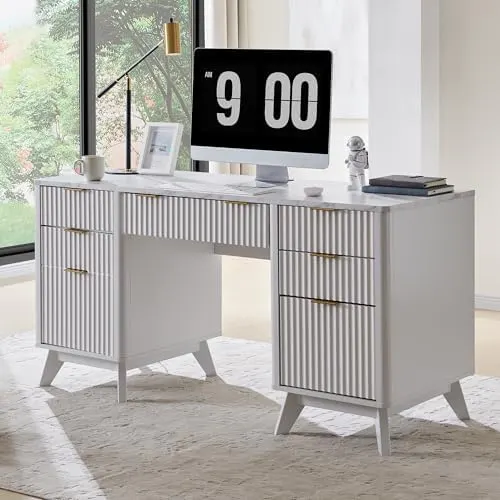 Modern Fluted Executive Desk with Keyboard Tray, 60" in Solid White