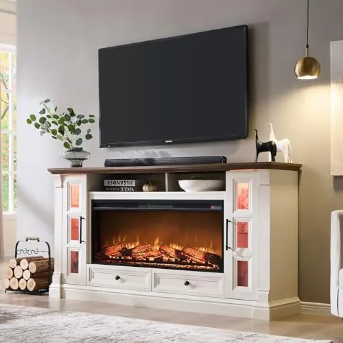 70" TV Stand with 42" Electric Fireplace in Antique White