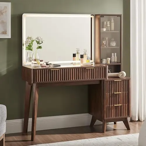 Fluted Vanity Desk with 36" Lighted Mirror in Dark Walnut