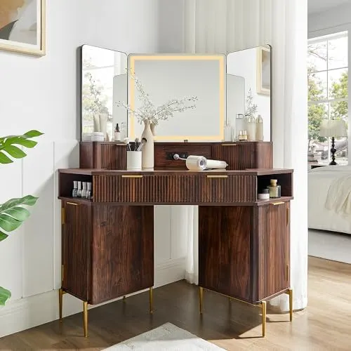 Corner Vanity with Lighted Triple Mirror in Dark Walnut
