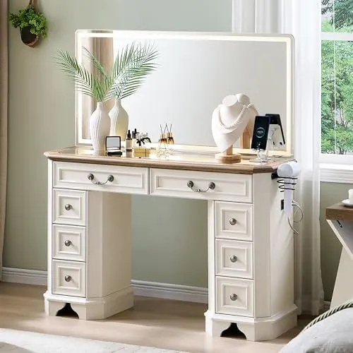 Farmhouse Vanity Desk with Mirror & Lights in White