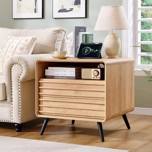 Mid-Century Fluted Nightstand with Charging, 24" in Natural Oak