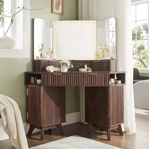 Fluted Corner Vanity with 3-Way Mirror in Dark Walnut