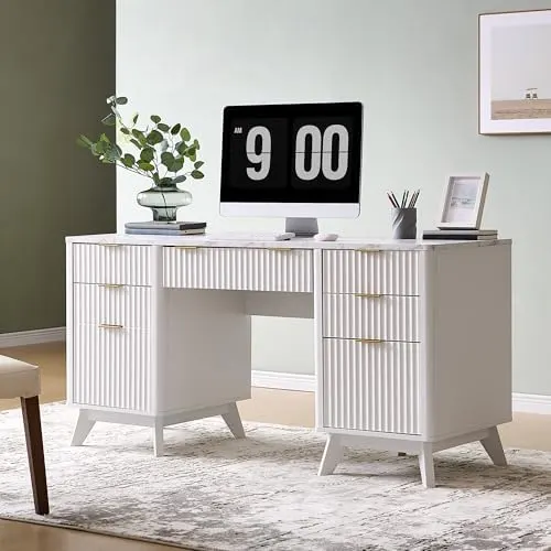 Modern Fluted Executive Desk, 60" in Solid White