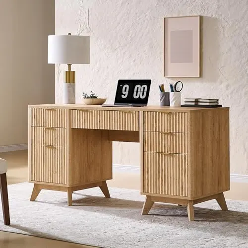 Modern Fluted Executive Desk, 60" in Natural Oak