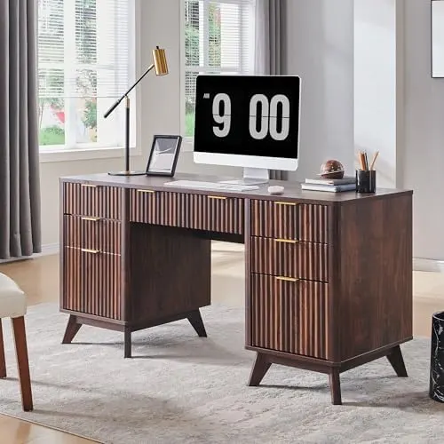 Modern Fluted Executive Desk, 60" in Walnut