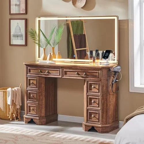 Farmhouse Vanity Desk with Mirror & Lights in Reclaimed Barnwood