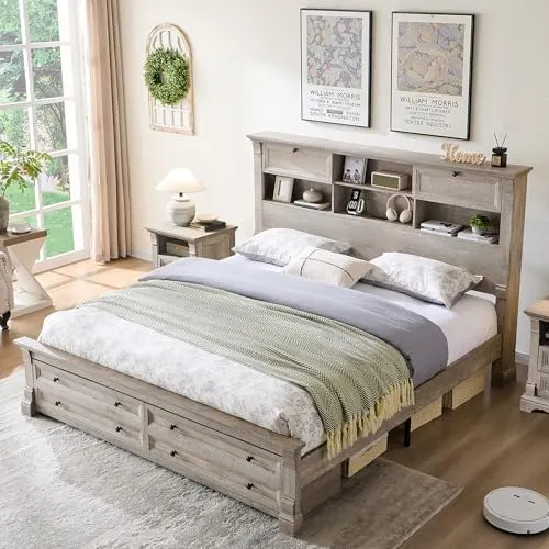 Farmhouse Bed with Bookcase Headboard in Light Rustic Oak
