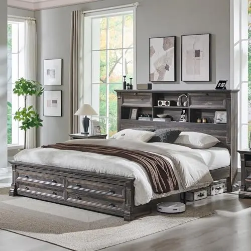 Farmhouse Bed with Shelf Headboard & Drawers in Dark Rustic Oak