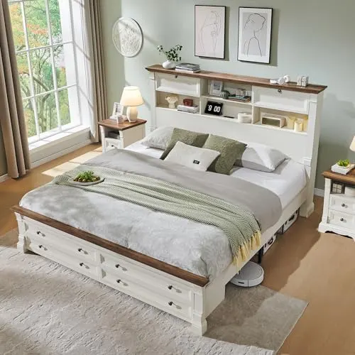 Farmhouse Bed with Bookcase Headboard in Antique White