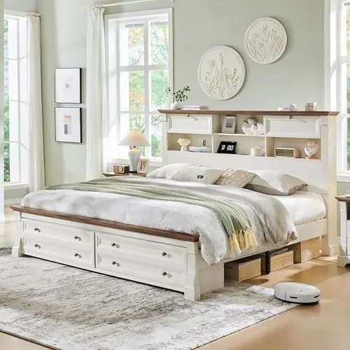 Farmhouse Bed with Shelf Headboard & Drawers in Antique White