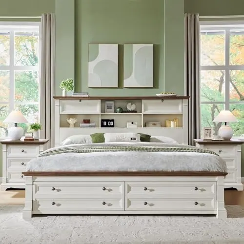 Farmhouse Bed with Shelf Headboard & Drawers in Antique White