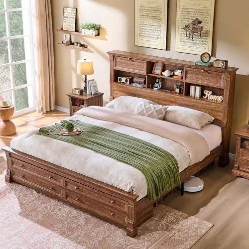 Farmhouse Bed with Bookcase Headboard in Reclaimed Barnwood