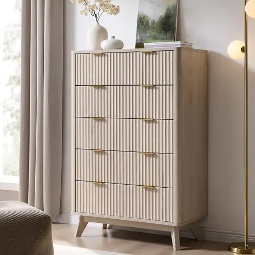 Fluted 5-Drawer Tall Dresser in White Alder