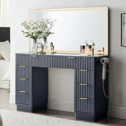Fluted Vanity Desk with 48" LED Mirror in Dark Grey