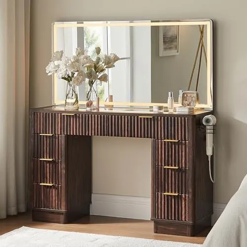Fluted Vanity Desk with 48" LED Mirror in Dark Walnut