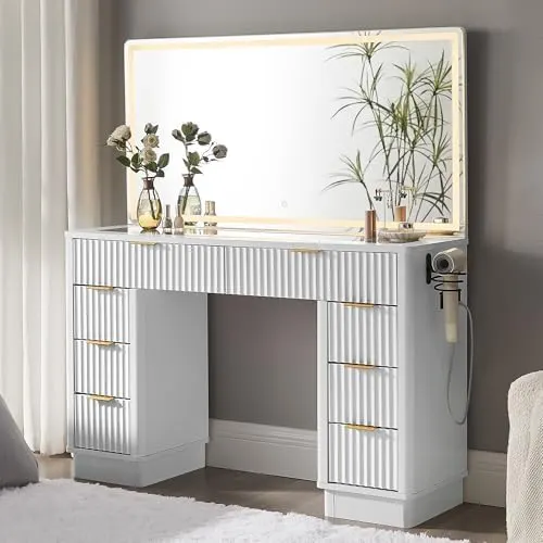 Fluted Vanity Desk with 48" LED Mirror in White