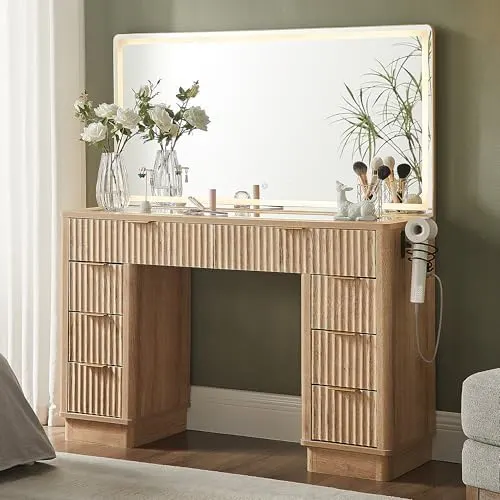 Fluted Vanity Desk with 48" LED Mirror in Natural Oak