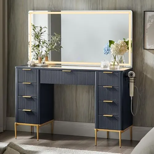 Fluted Vanity Desk with 48" Mirror in Dark Grey