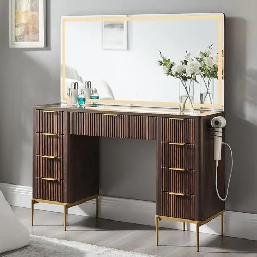 Fluted Vanity Desk with 48" Mirror in Dark Walnut