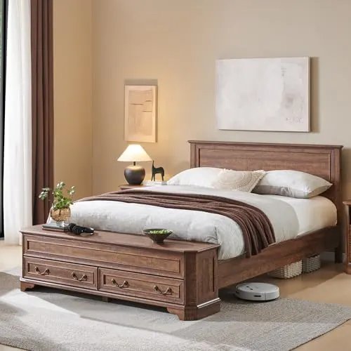 Farmhouse Bed with Storage Bench in Dark Brown