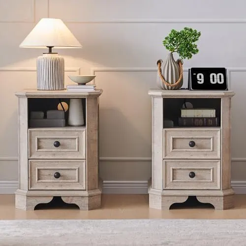 Farmhouse Nightstand Set of 2 with Charging in Light Rustic Oak