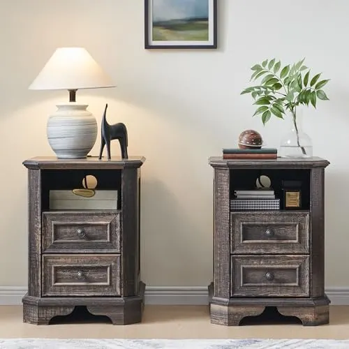 Farmhouse Nightstand Set of 2 with Charging in Dark Rustic Oak