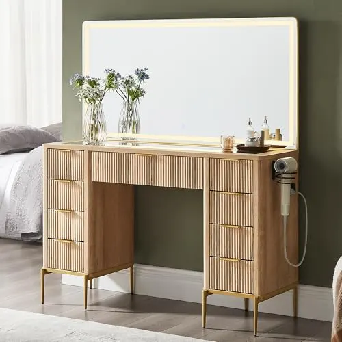 Fluted Vanity Desk with 48" Mirror in Natural Oak