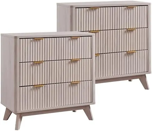 Large Fluted Nightstand Set of 2, 32" in White Alder