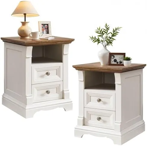 Farmhouse Nightstand Set of 2 with Roman Columns in Antique White