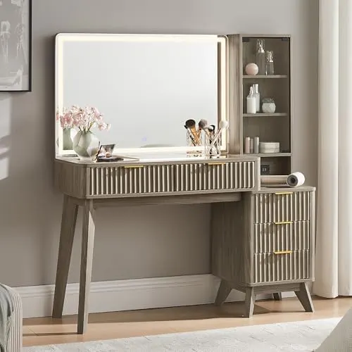 Fluted Vanity Desk with 36" Lighted Mirror in Brown Alder