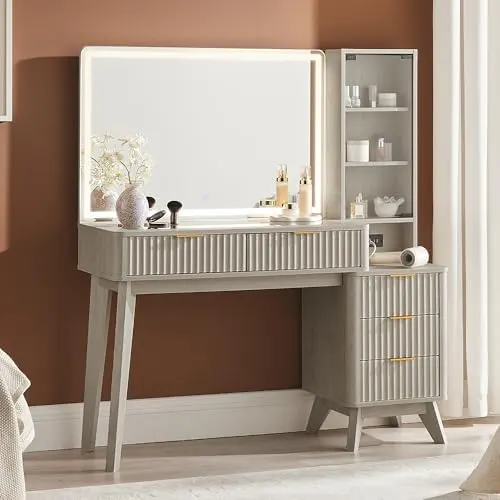 Fluted Vanity Desk with 36" Lighted Mirror in White Alder
