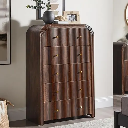 Fluted 5-Drawer Dresser with Rounded Corners in Dark Walnut