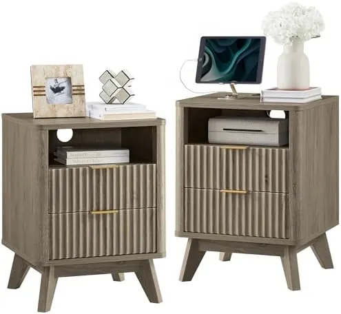 Fluted Nightstand Set of 2, 18" in Grey Alder