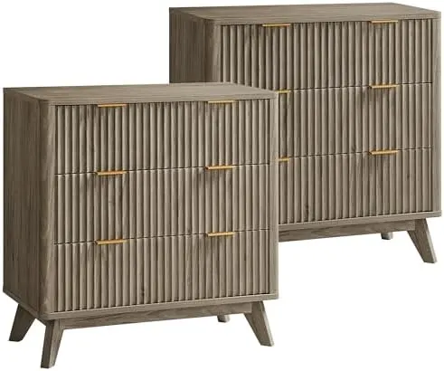 Large Fluted Nightstand Set of 2, 32" in Grey Alder