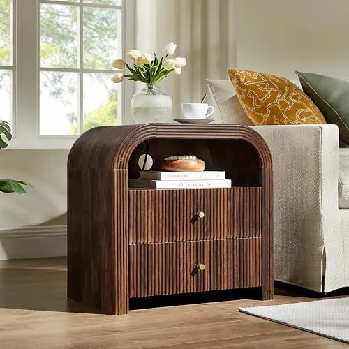 Fluted Nightstand Set of 2 with Charging, 24" in Dark Walnut