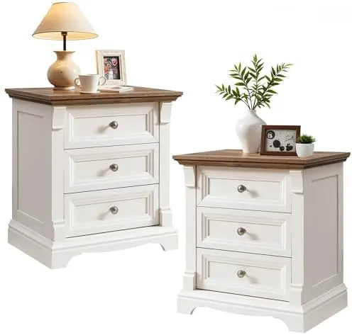 Farmhouse Nightstand Set of 2 with Roman Columns in Antique White