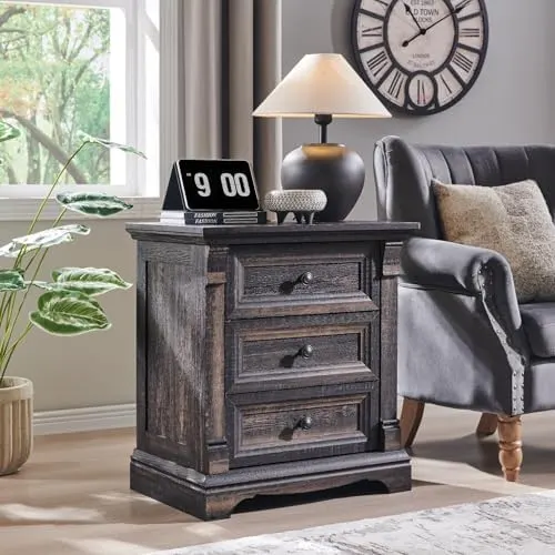 Farmhouse Nightstand Set of 2 with Roman Columns in Dark Rustic Oak