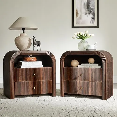 Fluted Nightstand Set of 2 with Charging, 24" in Dark Walnut